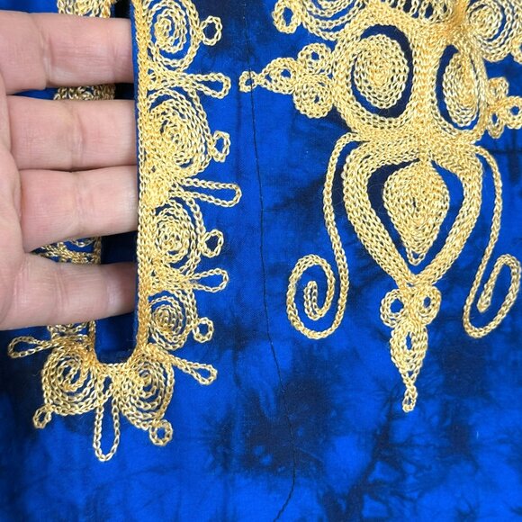 Handmade African Dashiki Shirt Small Blue Batik Tie Dye Gold Embroidered Pockets - Picture 5 of 9